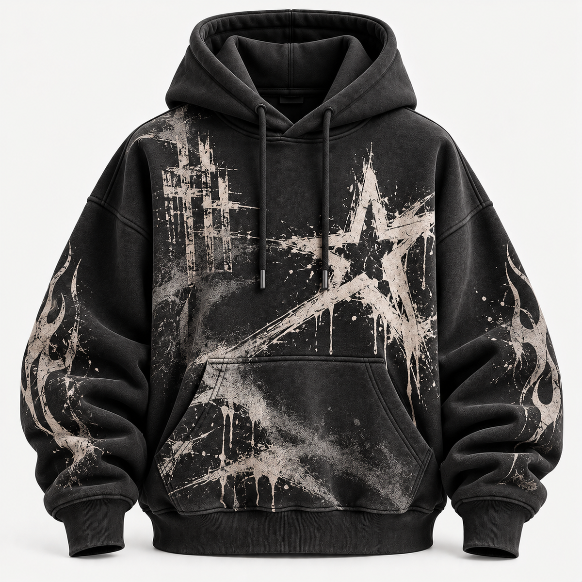 Distressed Starburst Oversized Black Graphic Hoodie