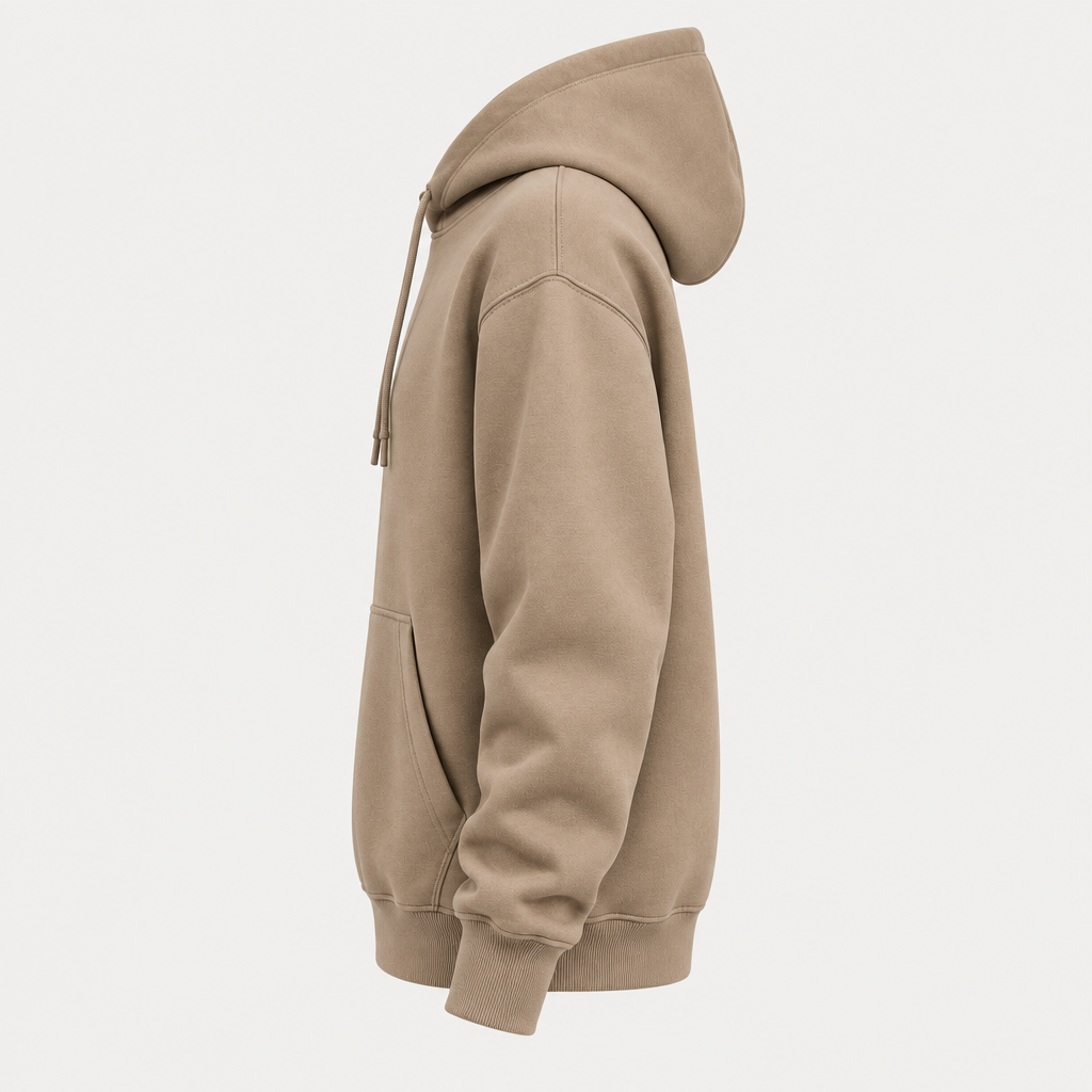 Minimal taupe oversized hoodie side view