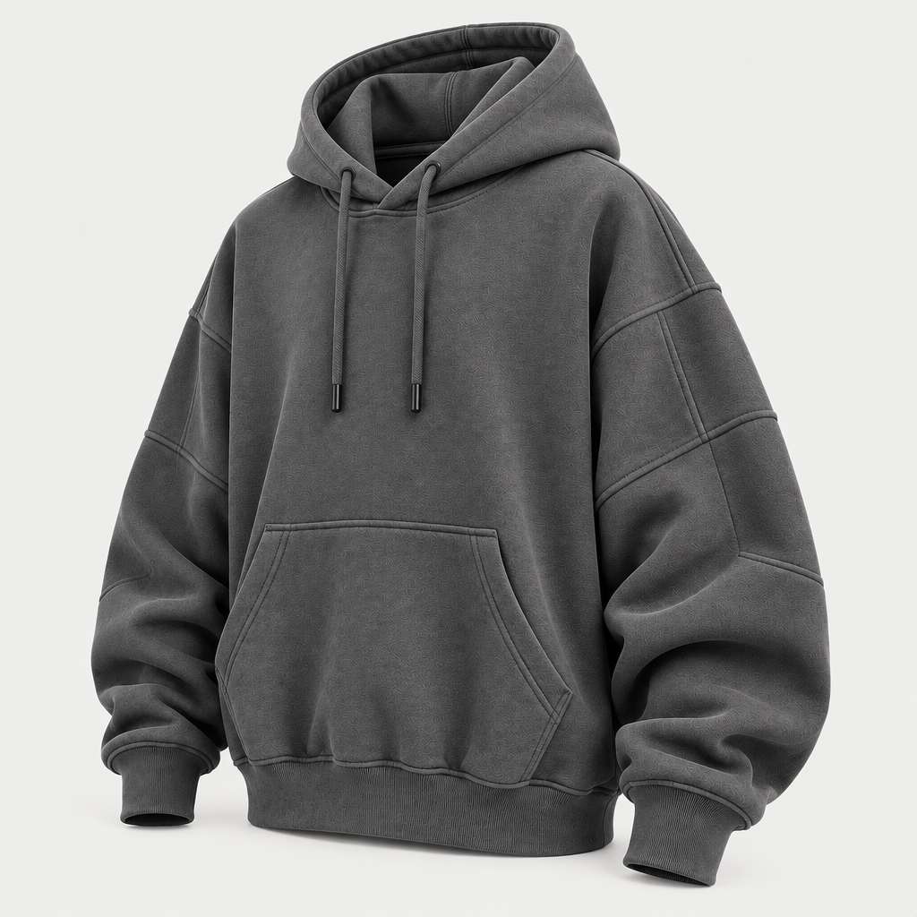 Oversized charcoal grey hoodie 3/4 angle view