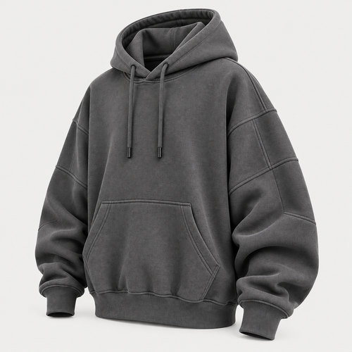 Oversized charcoal grey hoodie 3/4 angle view