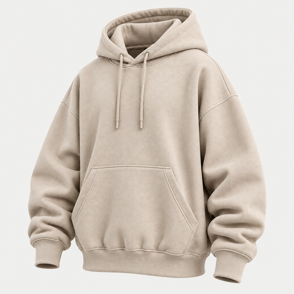 Oversized beige hoodie 3/4 angle view