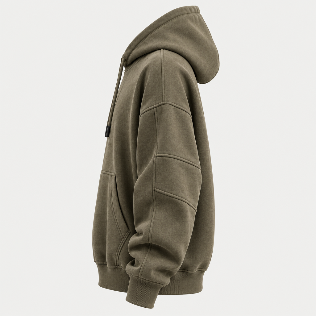Oversized olive green hoodie side view