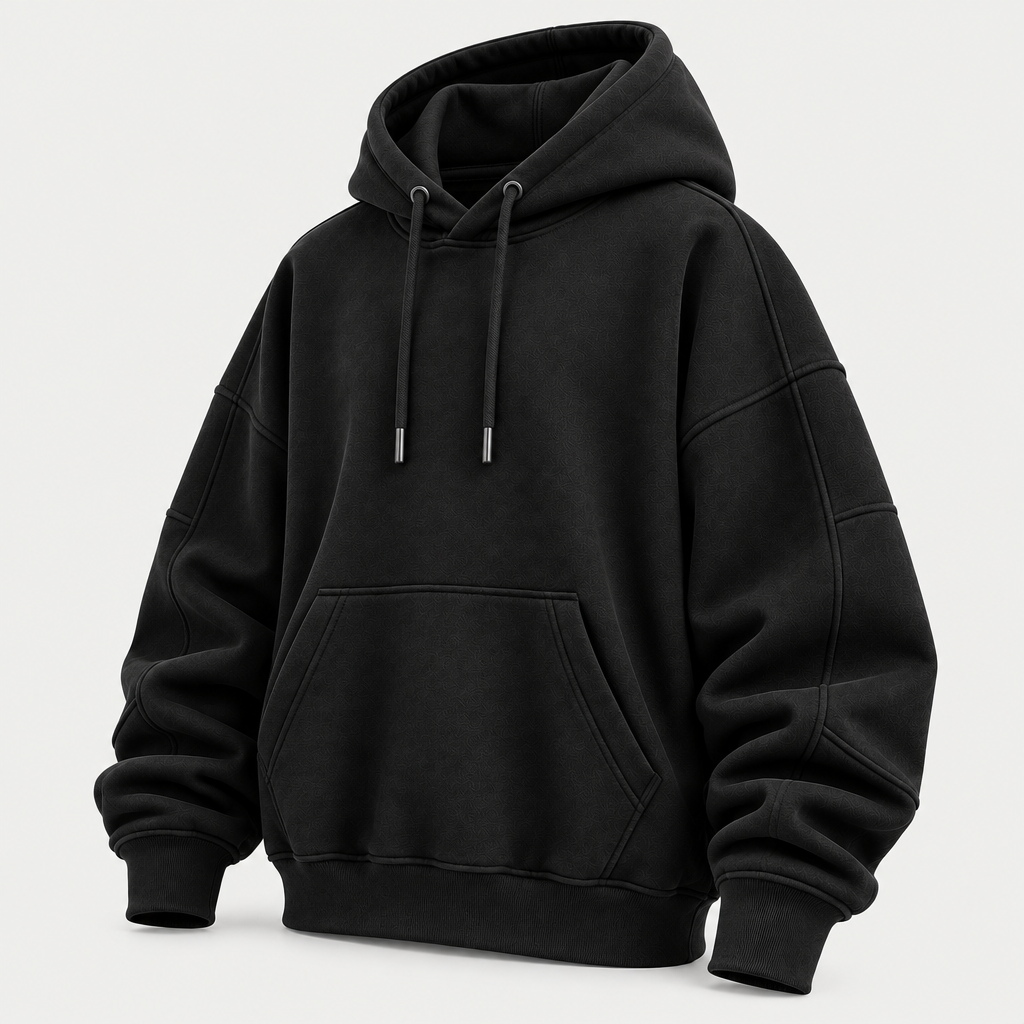 Oversized black hoodie 3/4 angle view