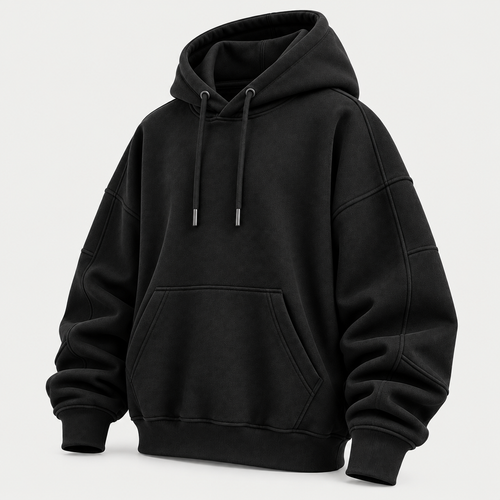 Oversized black hoodie 3/4 angle view
