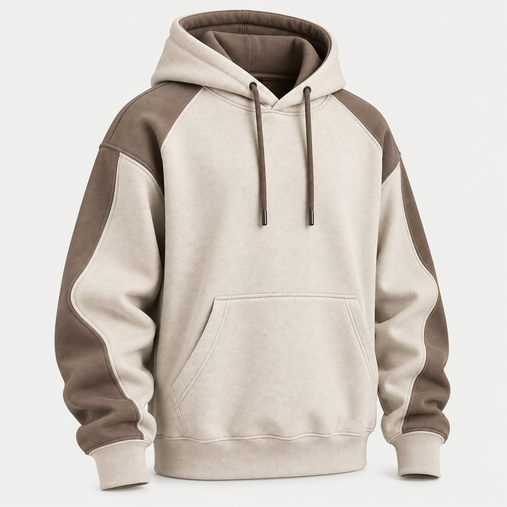 Two-tone oatmeal taupe hoodie 3/4 angle view