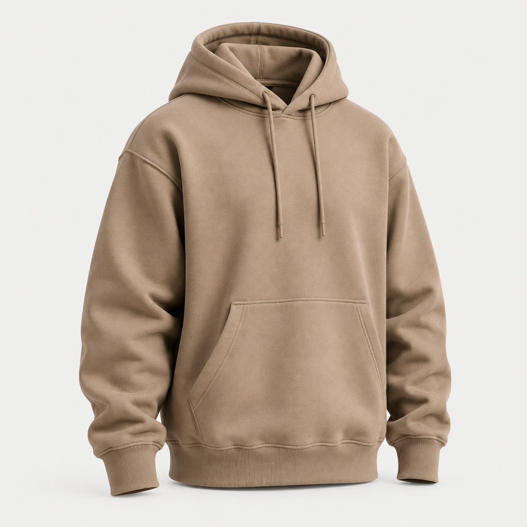 Minimal taupe oversized hoodie 3/4 angle view