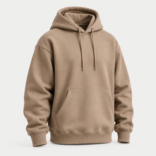 Minimal taupe oversized hoodie 3/4 angle view